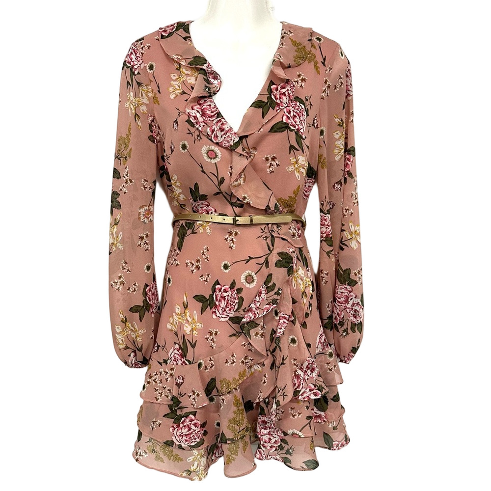 Bardot pink floral mini dress Small ruffles long sleeve Wedding Guest Brunch